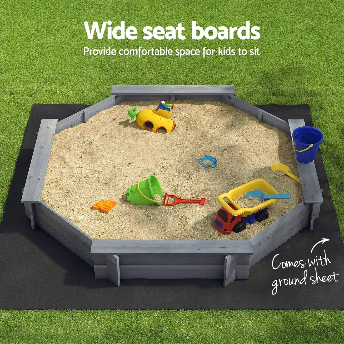 Keezi Kids Sandpit Wooden Round Sand Pit with Cover Bench Seat 182cm Grey