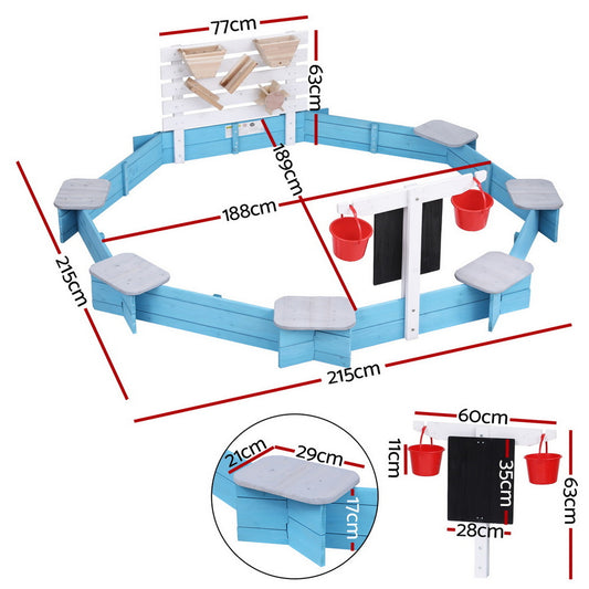 Keezi Kids Sandpit Wooden Round Sand Pit with Cover Funnel Bench Seat Beach Toys 215cm