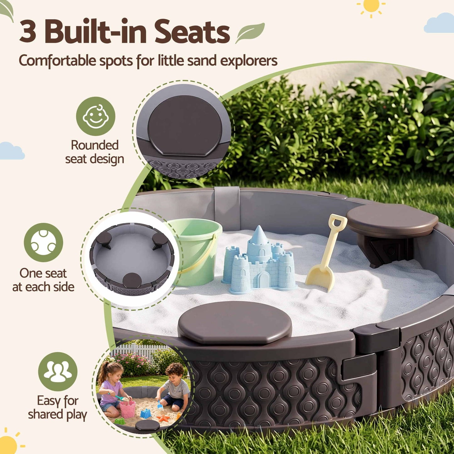 Kids Outdoor Sandpit Toys Sandbox 121cm Round Brown 3 Seats Cover Liner