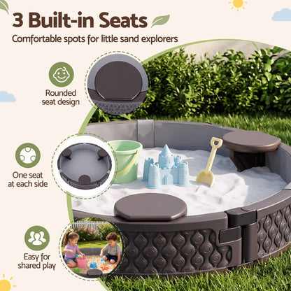 Kids Outdoor Sandpit Toys Sandbox 121cm Round Brown 3 Seats Cover Liner