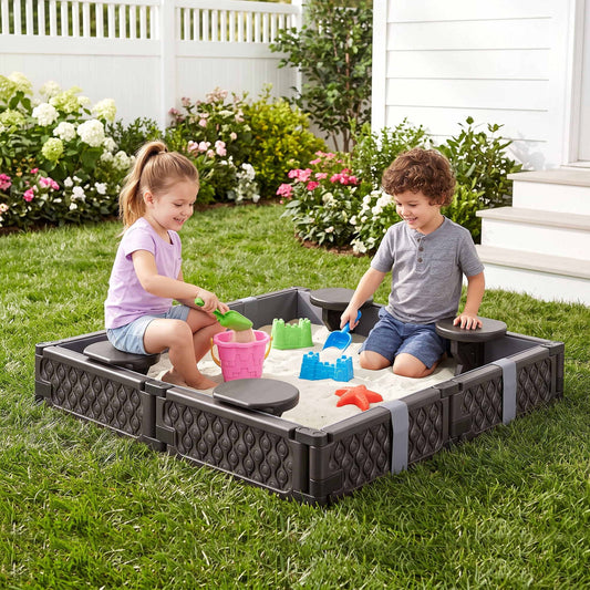 Keezi Kids Sandpit Sandbox With Cover 4 Seats Outdoor Sand Box Brown