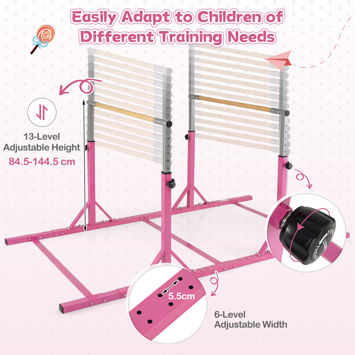 Pink Gymnastics Parallel Bar | Adjustable Height & Width for Kids