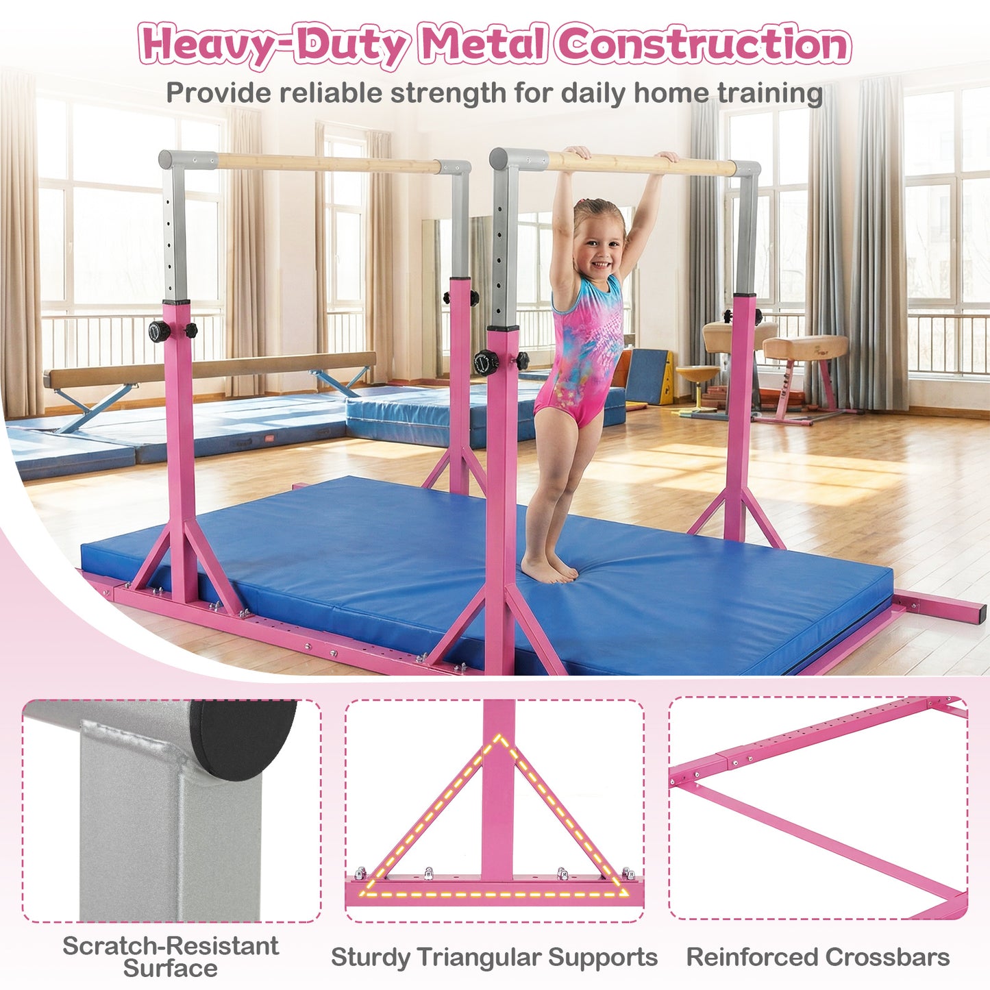 Pink Gymnastics Parallel Bar | Adjustable Height & Width for Kids