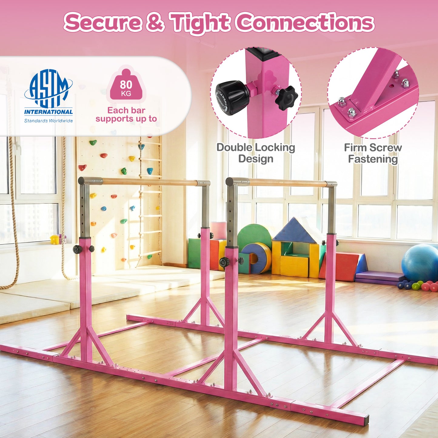 Pink Gymnastics Parallel Bar | Adjustable Height & Width for Kids