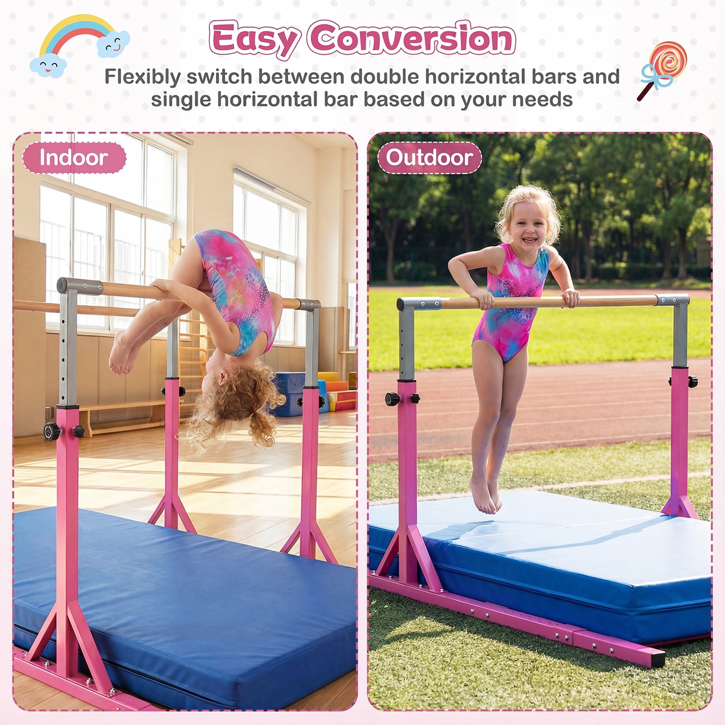 Pink Gymnastics Parallel Bar | Adjustable Height & Width for Kids