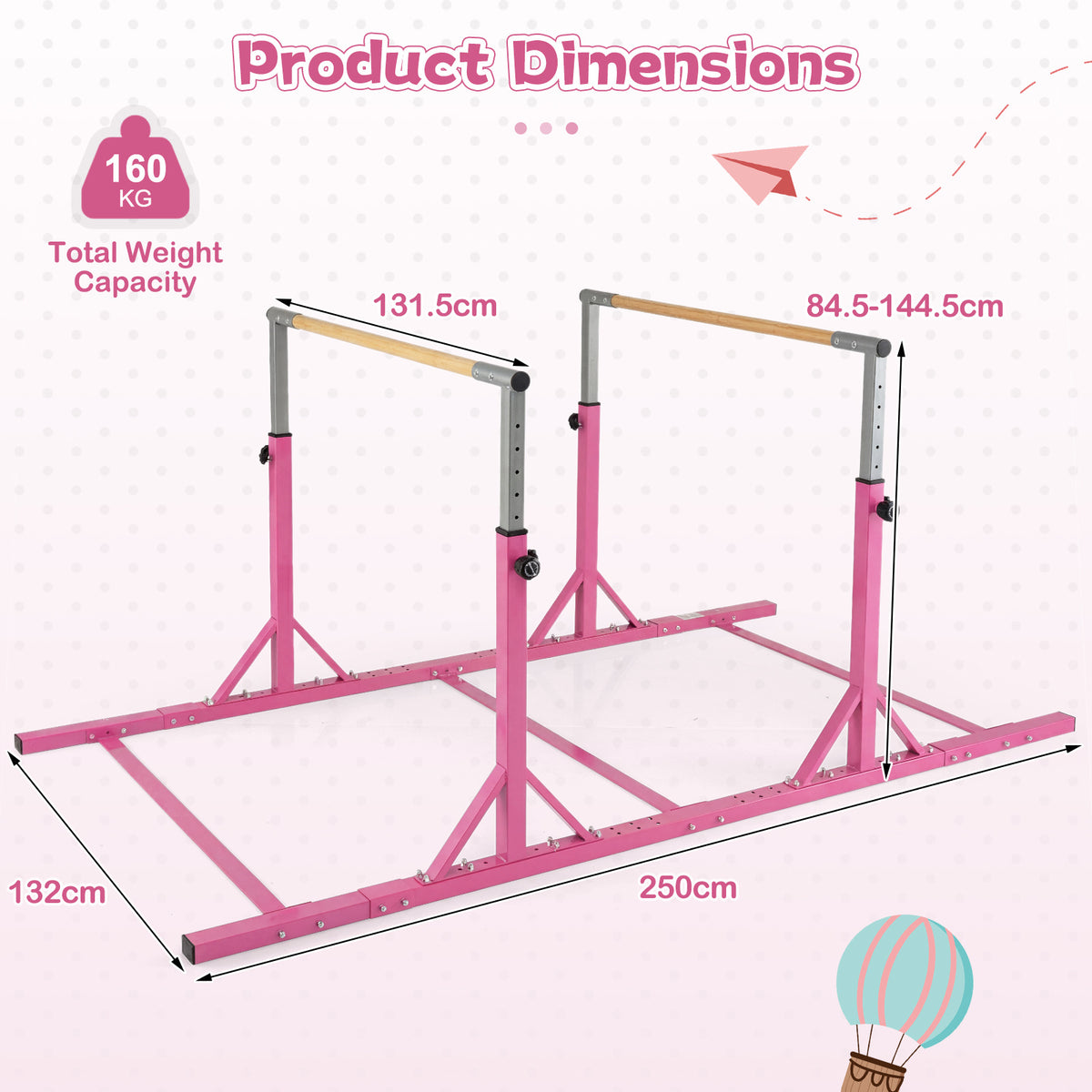 Pink Gymnastics Parallel Bar | Adjustable Height & Width for Kids