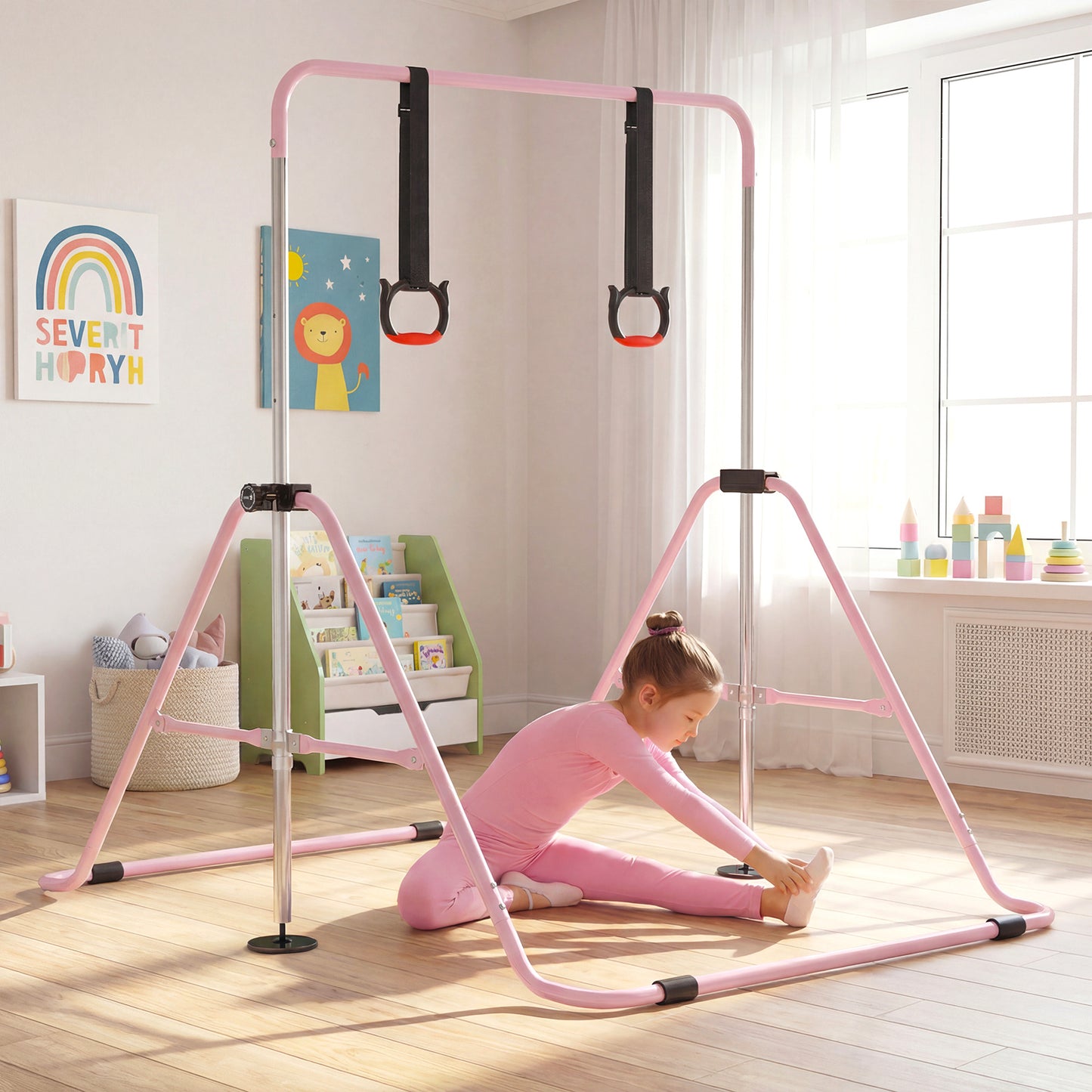 Pink Kids Gymnastic Bar | 4 Adjustable Heights & Foldable