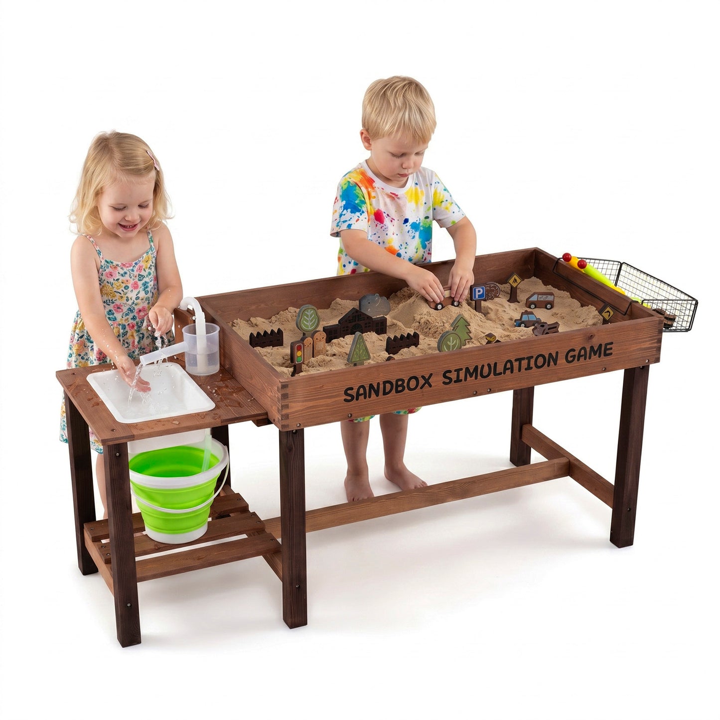 Kids Sand & Water Activity Table | Coffee Brown Wood with 33 Toys