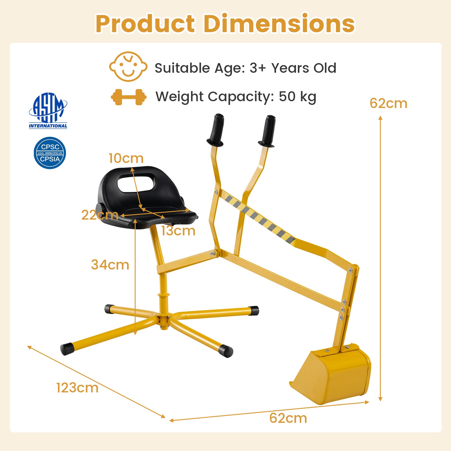 Yellow Metal Sand Digger | 360° Rotating Excavator Toy for Kids