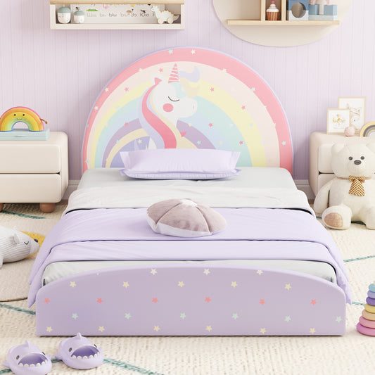 Low Floor Twin Bed Frame Purple Rainbow Unicorn Stars | 3+ Kids