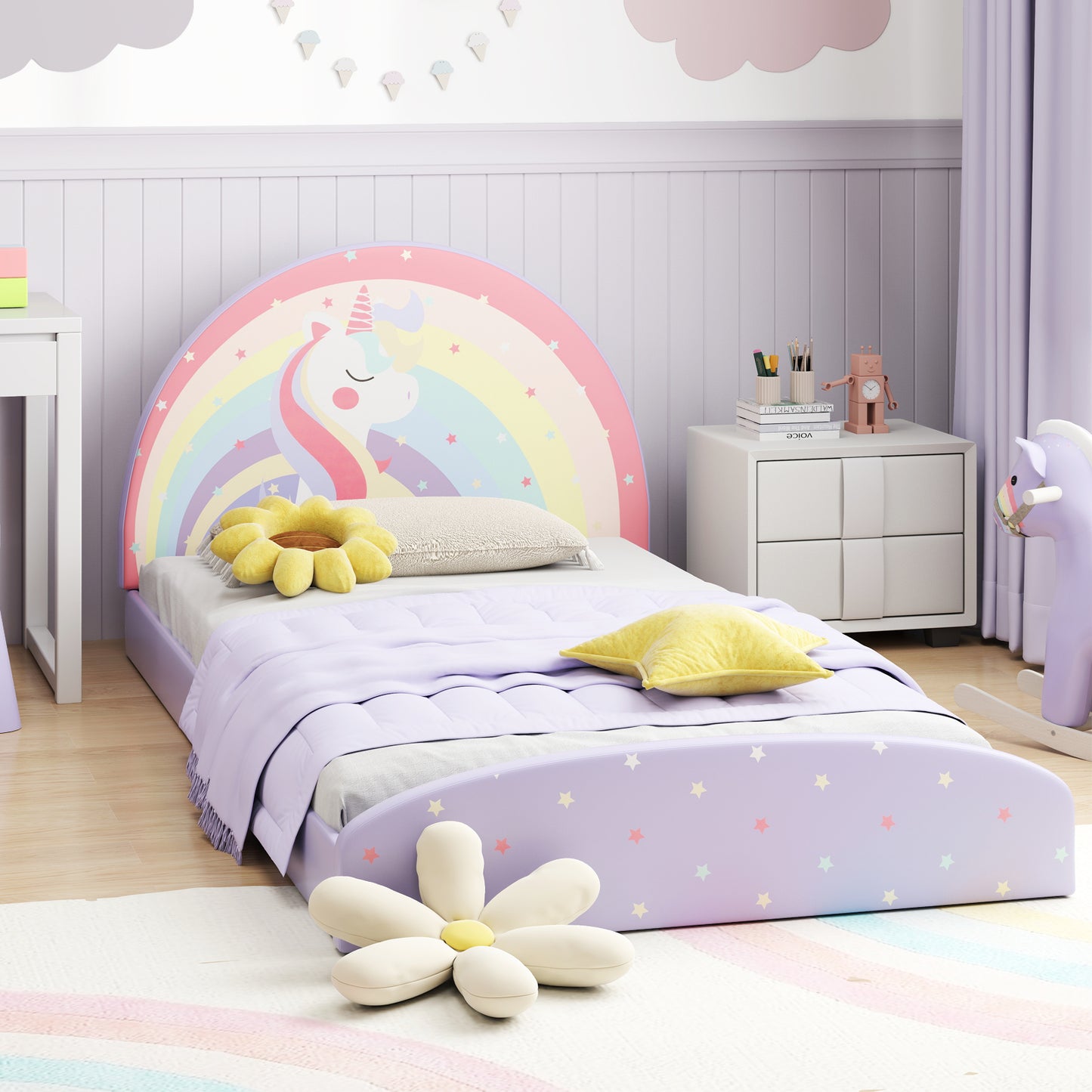 Low Floor Twin Bed Frame Purple Rainbow Unicorn Stars | 3+ Kids