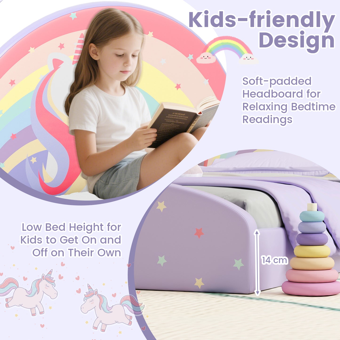 Low Floor Twin Bed Frame Purple Rainbow Unicorn Stars | 3+ Kids