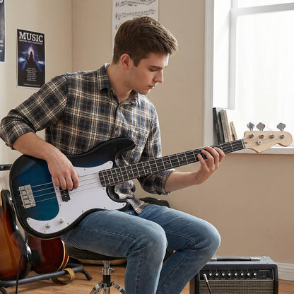 4 Strings Full Size Bass Guitar Kit with Double Pickups and Open-gear Tuning-Blue