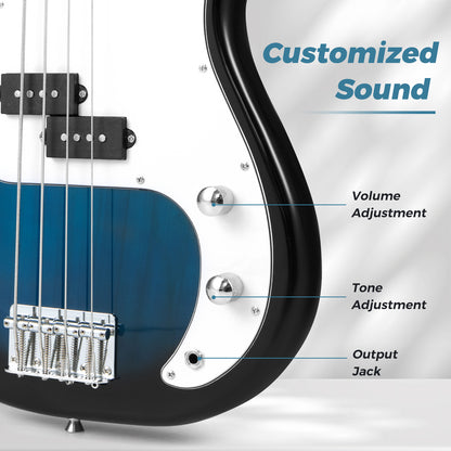 Blue Full Size Electric Bass Guitar Kit | 4 Strings Double Pickup