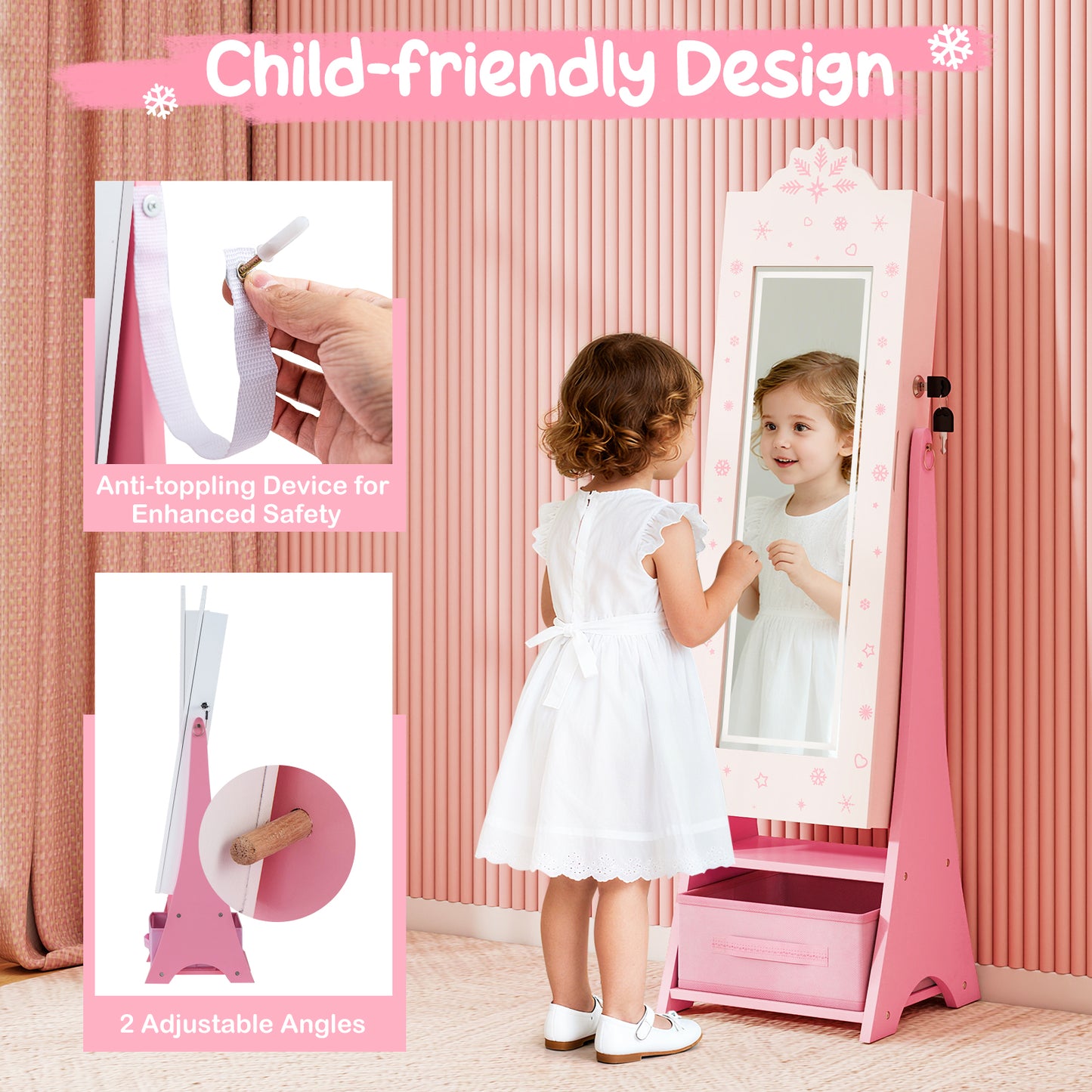 White Kids Jewelry Cabinet | LED Lights & Full Length Mirror