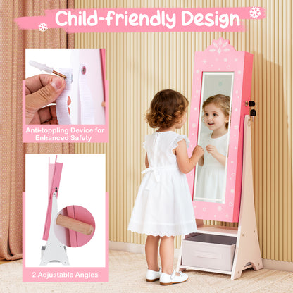 Kids Pink Standing Jewelry Organizer | LED Mirror Storage Cabinet