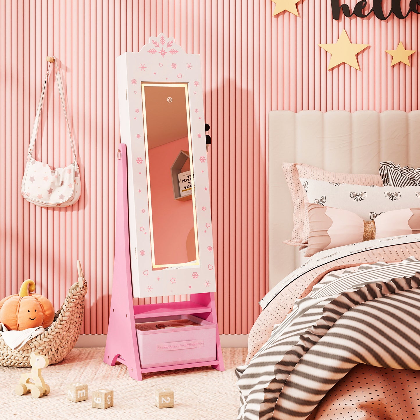 Standing Children Jewelry Organizer with Full-Length Mirror-White