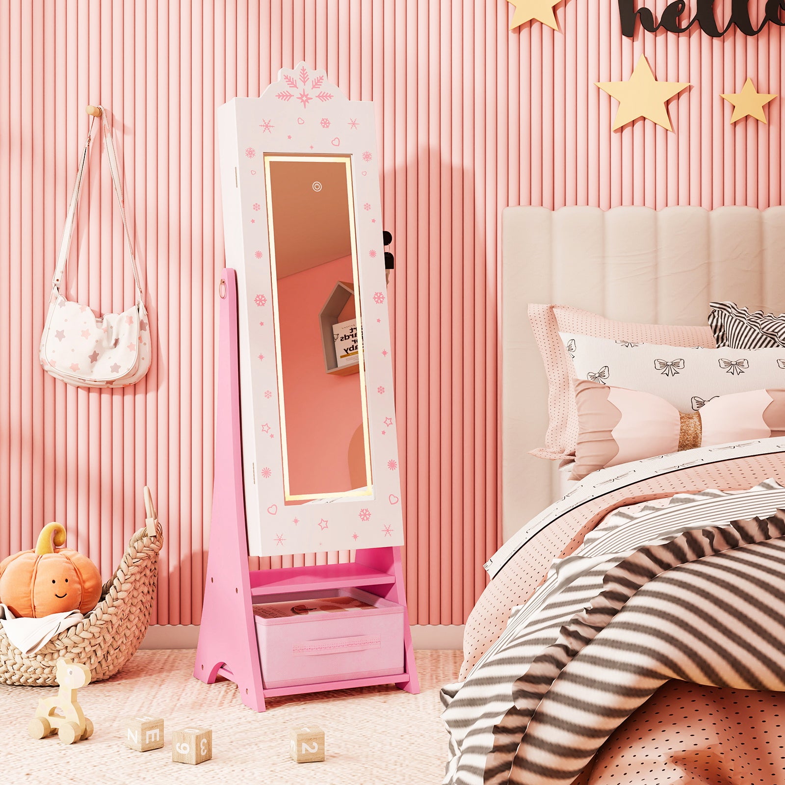 Standing Children Jewelry Organizer with Full-Length Mirror-White