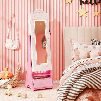 Standing Children Jewelry Organizer with Full-Length Mirror-White