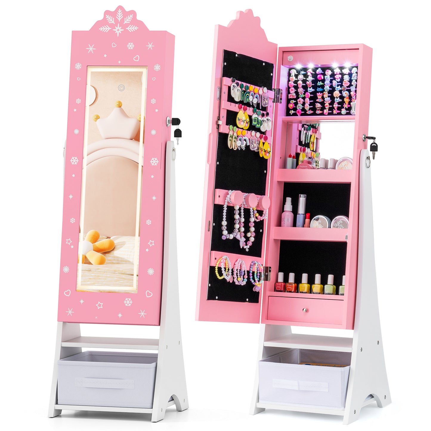 Kids Pink Standing Jewelry Organizer | LED Mirror Storage Cabinet