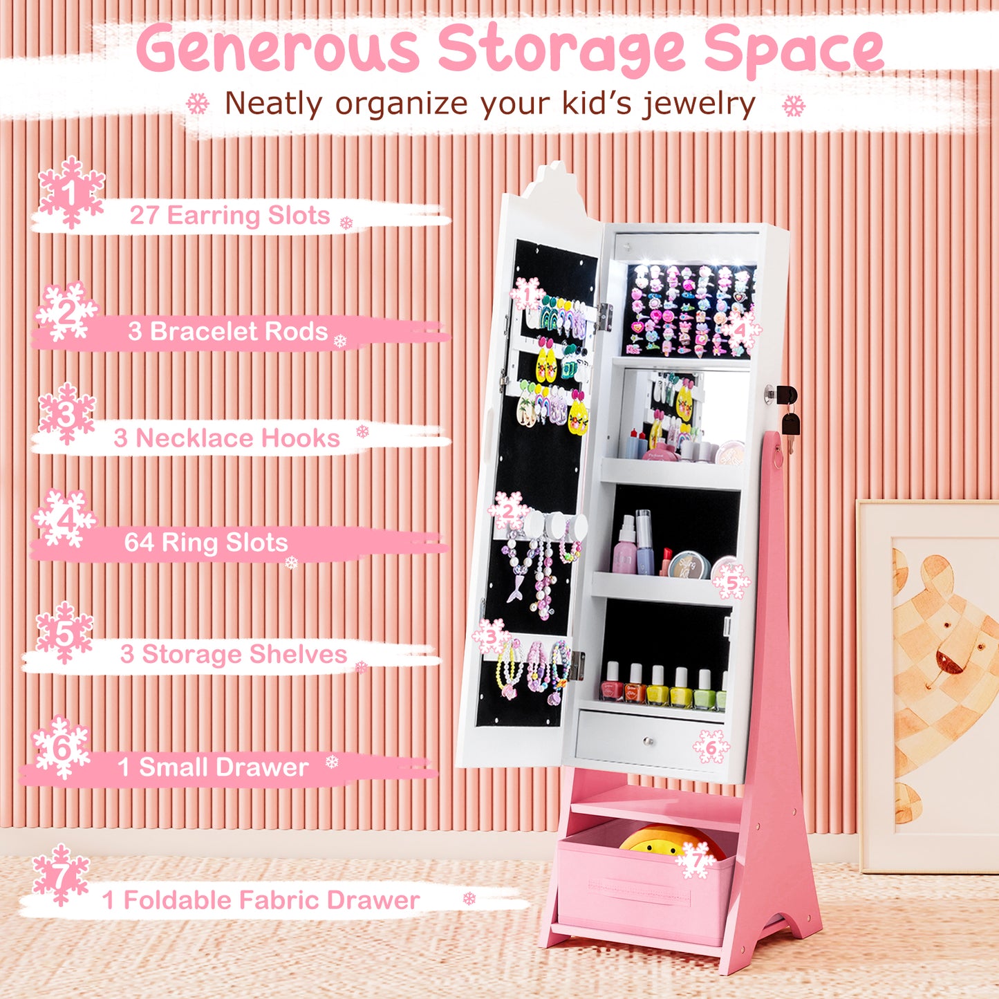 White Kids Jewelry Cabinet | LED Lights & Full Length Mirror