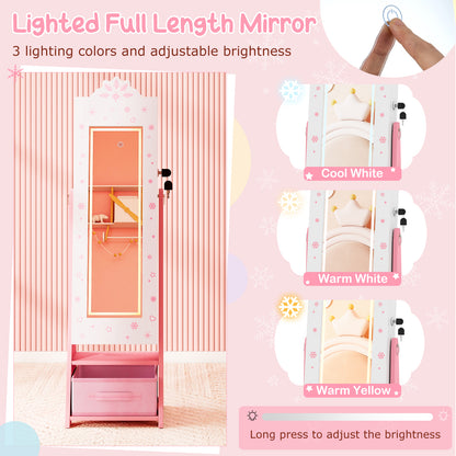 White Kids Jewelry Cabinet | LED Lights & Full Length Mirror