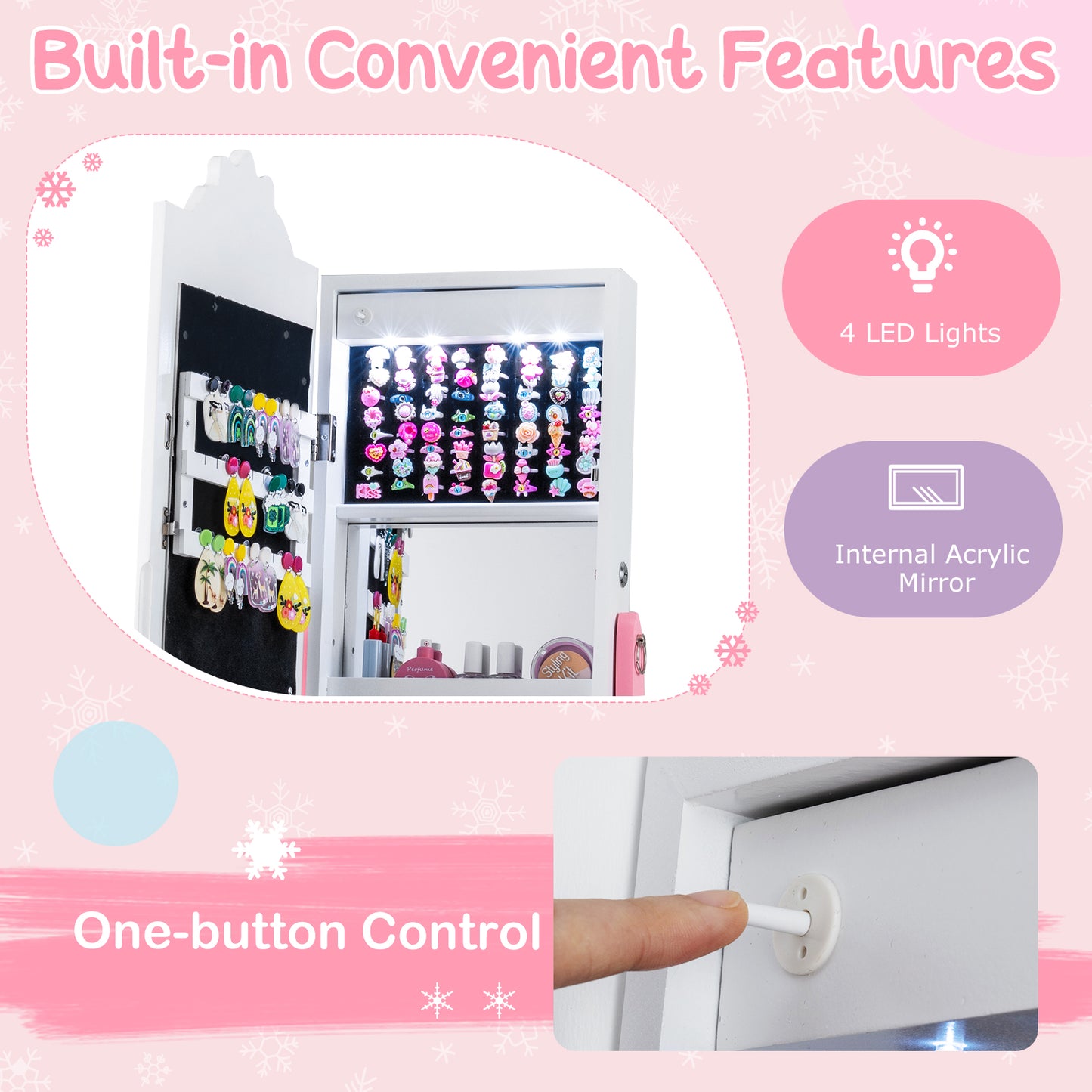 White Kids Jewelry Cabinet | LED Lights & Full Length Mirror