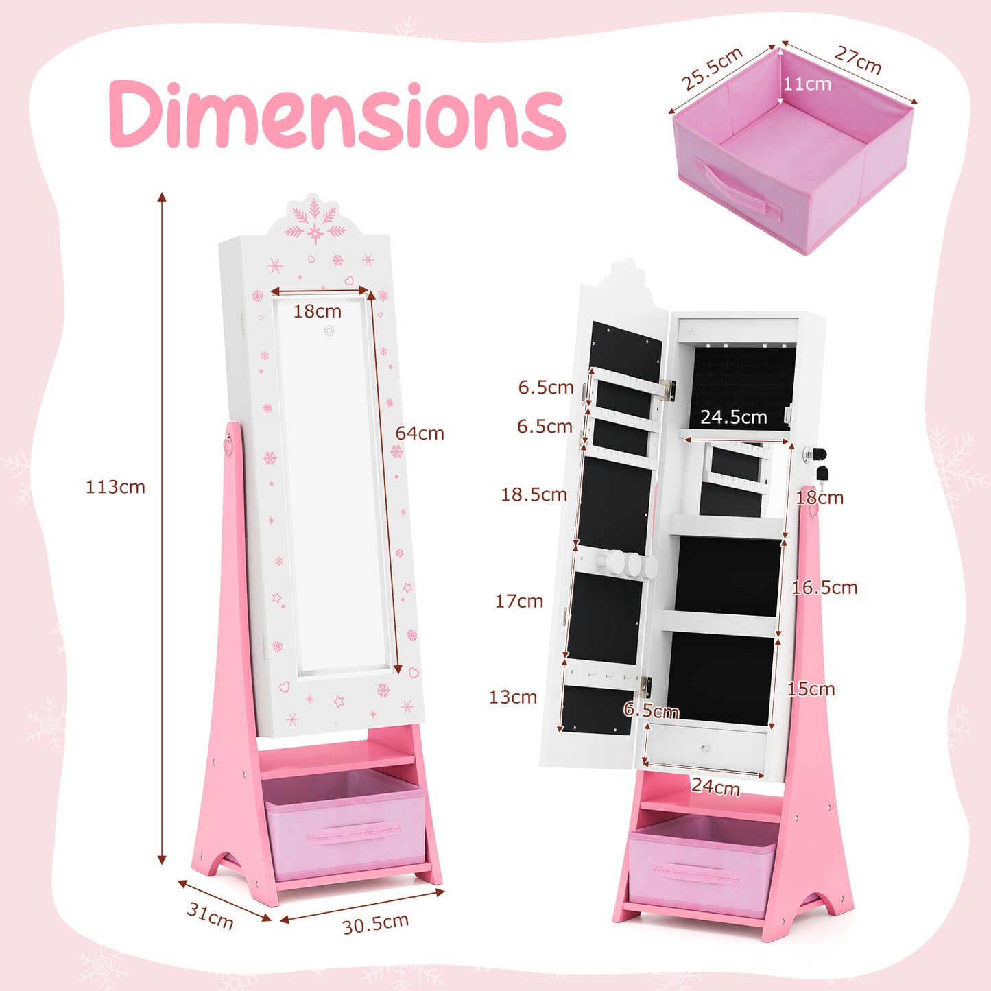White Kids Jewelry Cabinet | LED Lights & Full Length Mirror