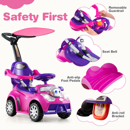 Pink 3 in 1 Push Car | Horn Lights Music | Storage Canopy