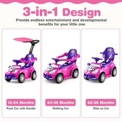 Pink 3 in 1 Push Car | Horn Lights Music | Storage Canopy