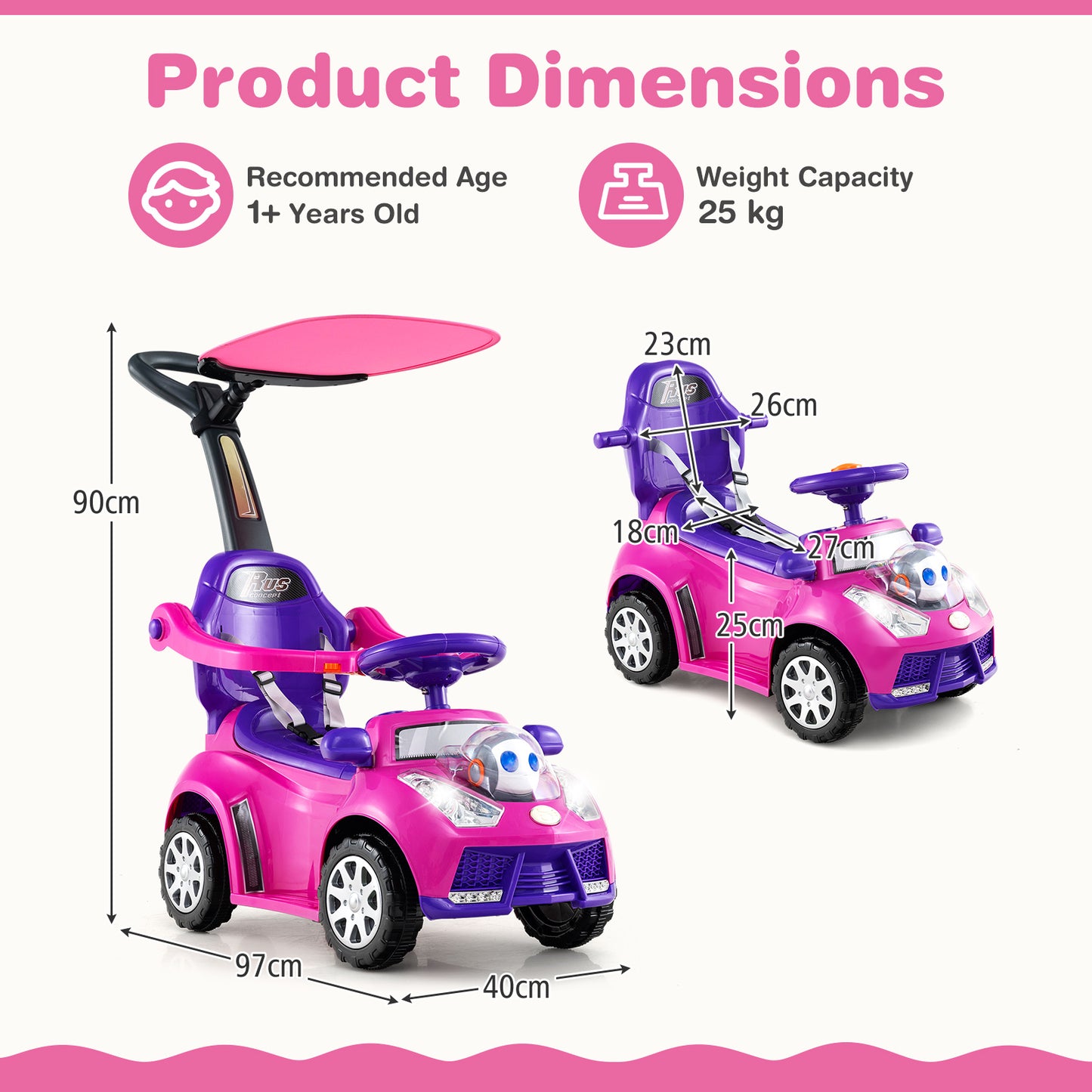 Pink 3 in 1 Push Car | Horn Lights Music | Storage Canopy