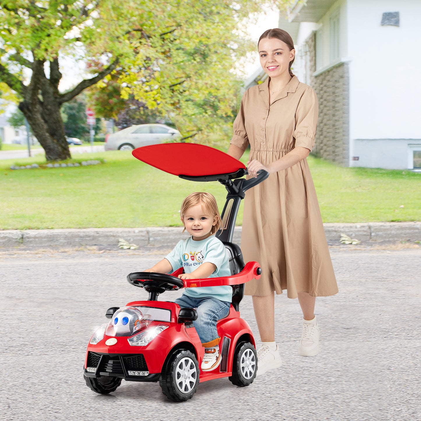 Red 3-in-1 Push Car Stroller Ride-On Toy | Lights & Horn