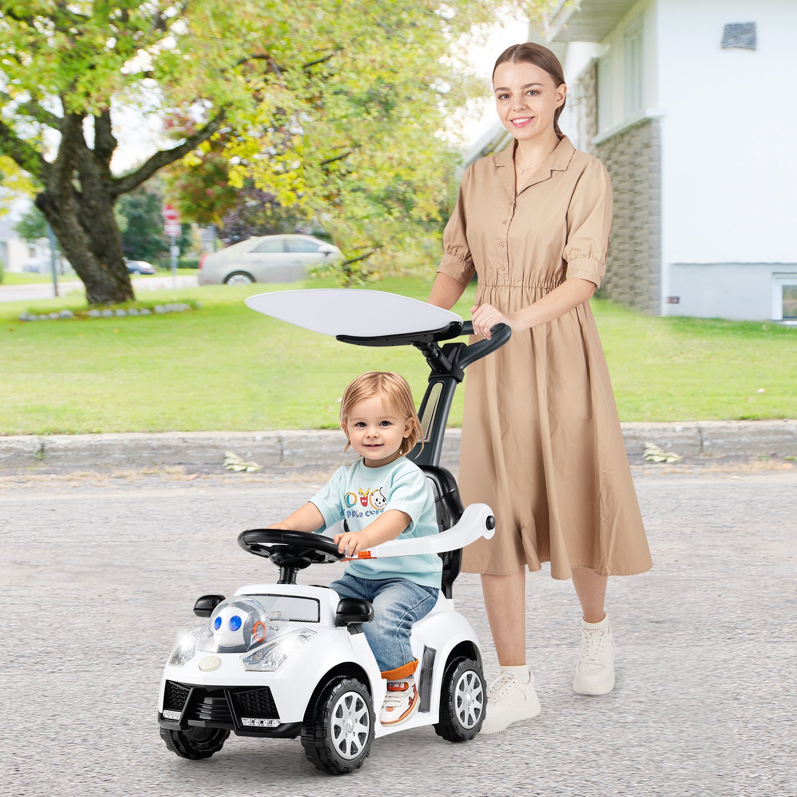 3 in 1 Push Car Stroller Sliding Walking Car with Hor forn Toddler -White