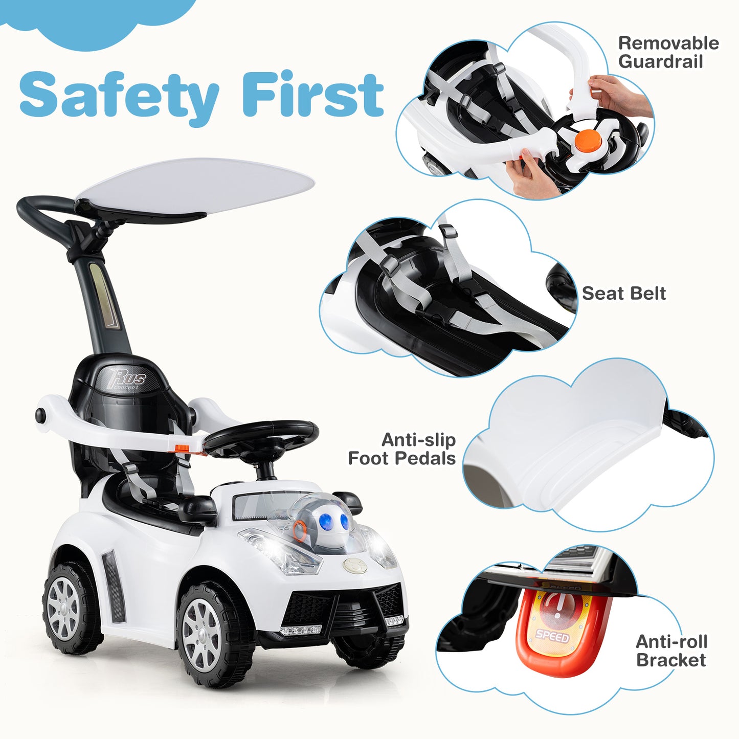 White 3 in 1 Push Car | Horn Lights Music Storage Canopy