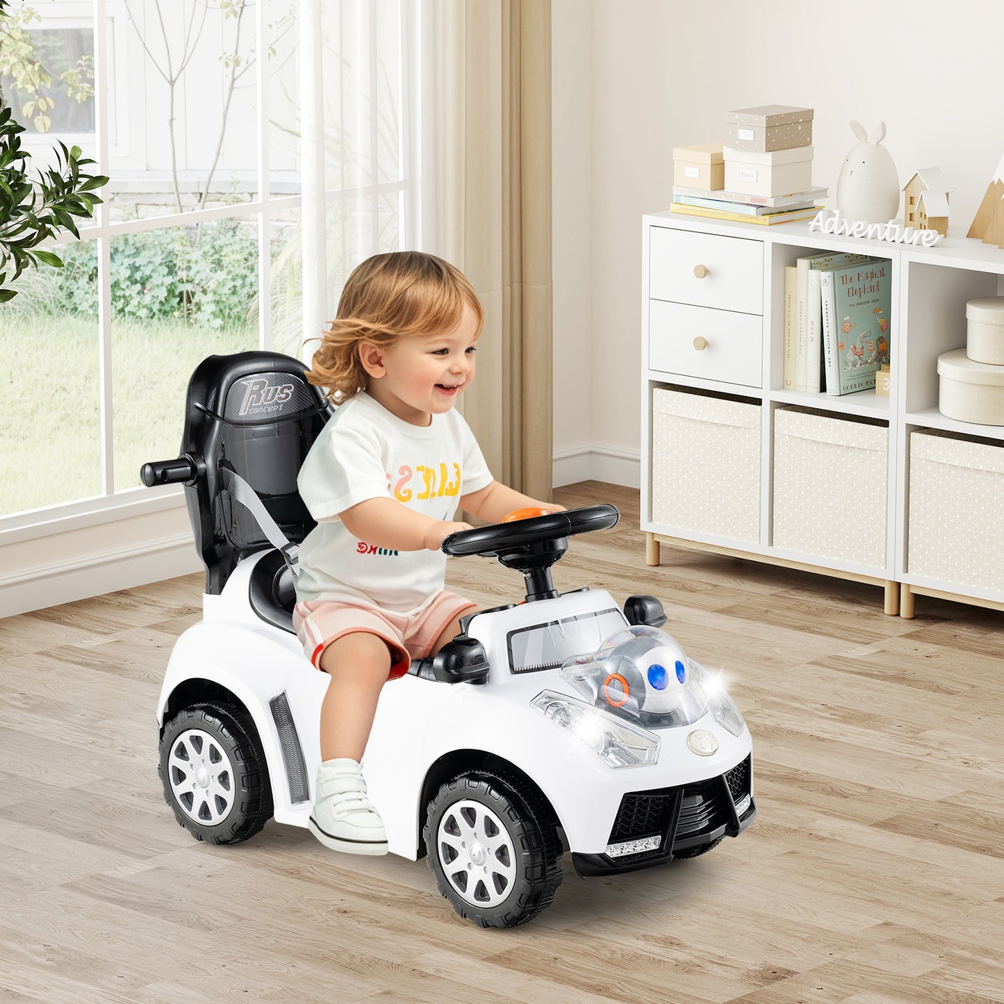 White 3 in 1 Push Car | Horn Lights Music Storage Canopy
