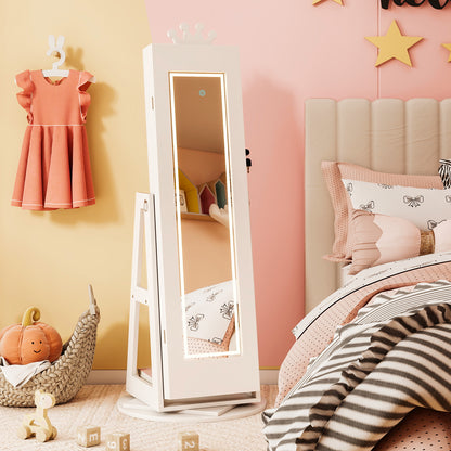 Swivel Kids Jewelry Cabinet with Lights and Built-in Mirror-White