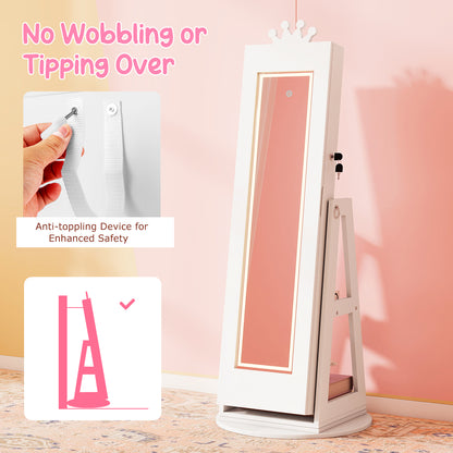 White Jewelry Cabinet for Kids | 360° Swivel with LED Lights