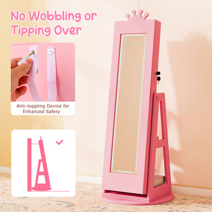 Pink Kids Jewelry Cabinet | Swivel Design With LED Lights Mirror