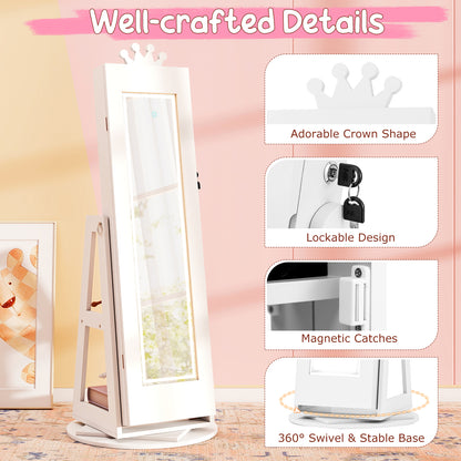 White Jewelry Cabinet for Kids | 360° Swivel with LED Lights