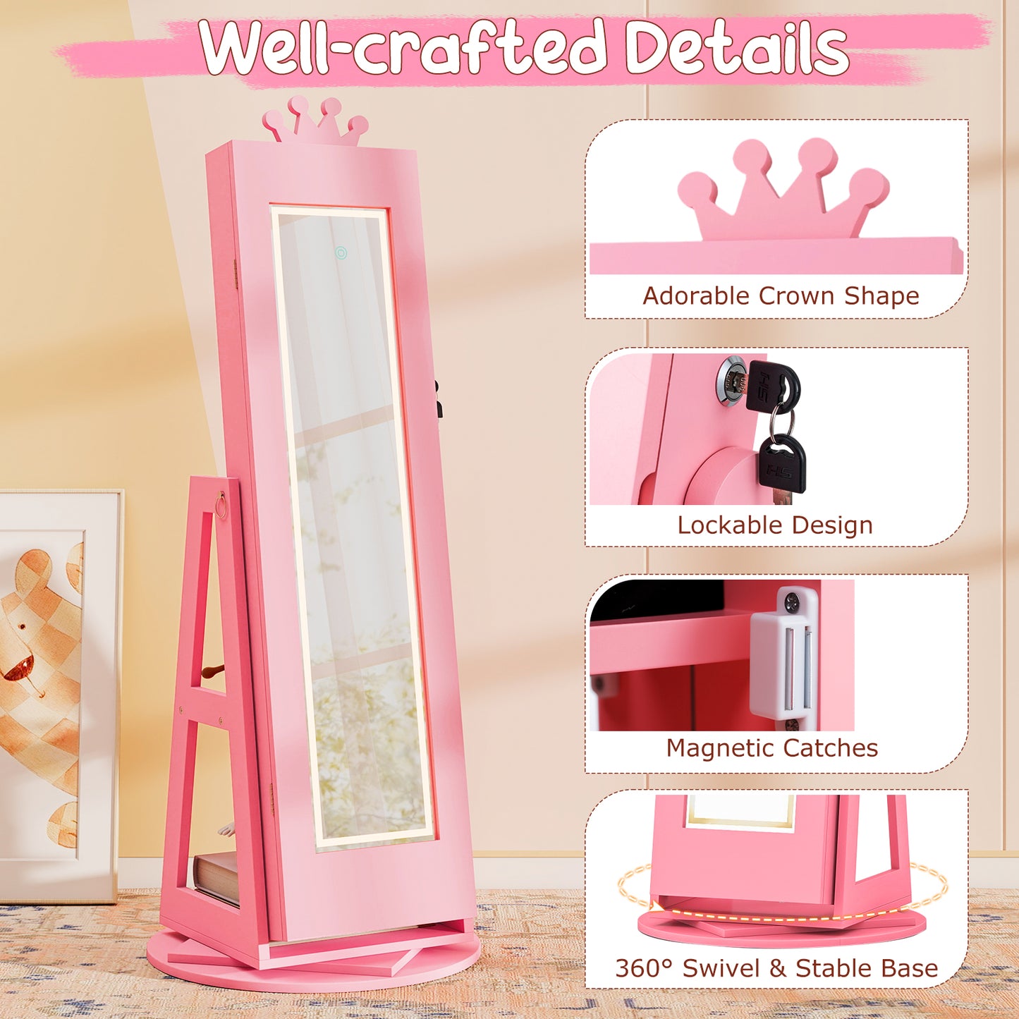 Pink Kids Jewelry Cabinet | Swivel Design With LED Lights Mirror