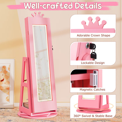 Pink Kids Jewelry Cabinet | Swivel Design With LED Lights Mirror