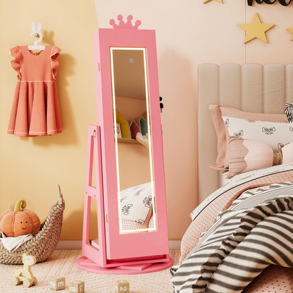 Swivel Kids Jewelry Cabinet with Lights and Built-in Mirror-Pink