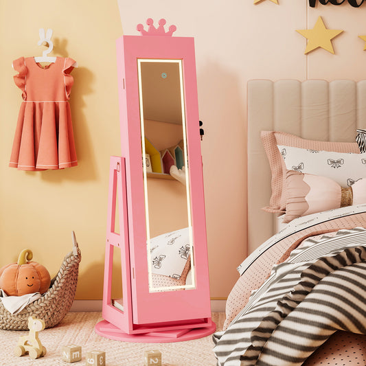 Swivel Kids Jewelry Cabinet with Lights and Built-in Mirror-Pink