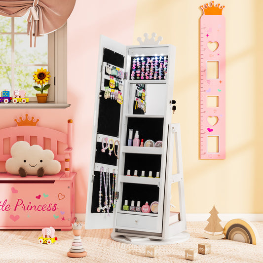 White Jewelry Cabinet for Kids | 360° Swivel with LED Lights