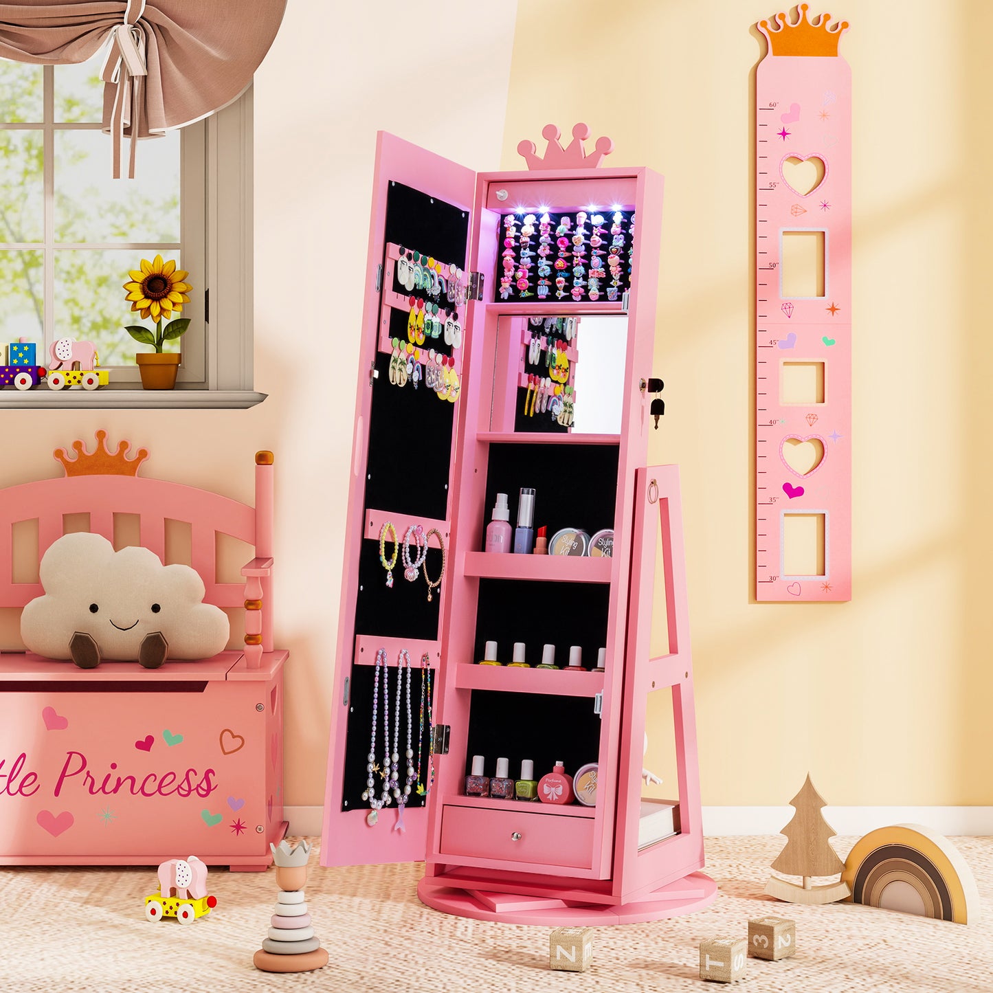 Pink Kids Jewelry Cabinet | Swivel Design With LED Lights Mirror