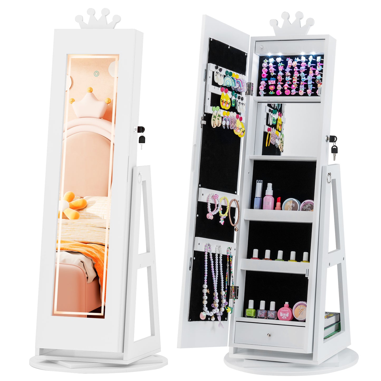 White Jewelry Cabinet for Kids | 360° Swivel with LED Lights