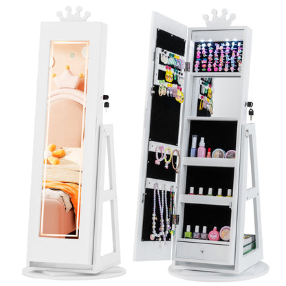 White Jewelry Cabinet for Kids | 360° Swivel with LED Lights