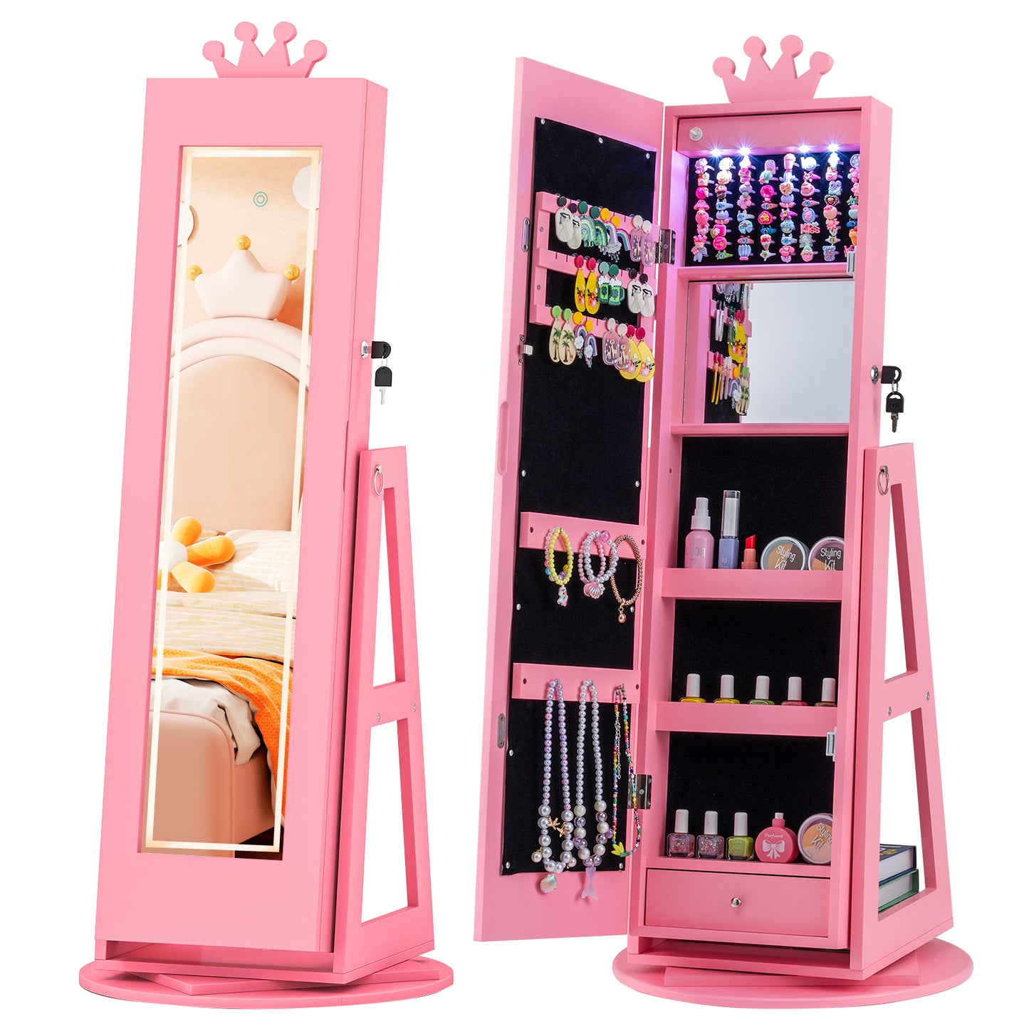 Pink Kids Jewelry Cabinet | Swivel Design With LED Lights Mirror