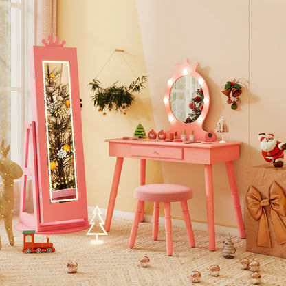 Pink Kids Jewelry Cabinet | Swivel Design With LED Lights Mirror