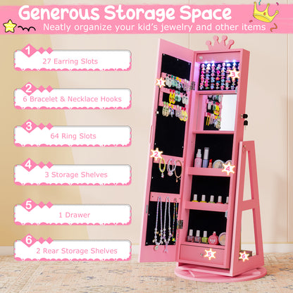 Pink Kids Jewelry Cabinet | Swivel Design With LED Lights Mirror